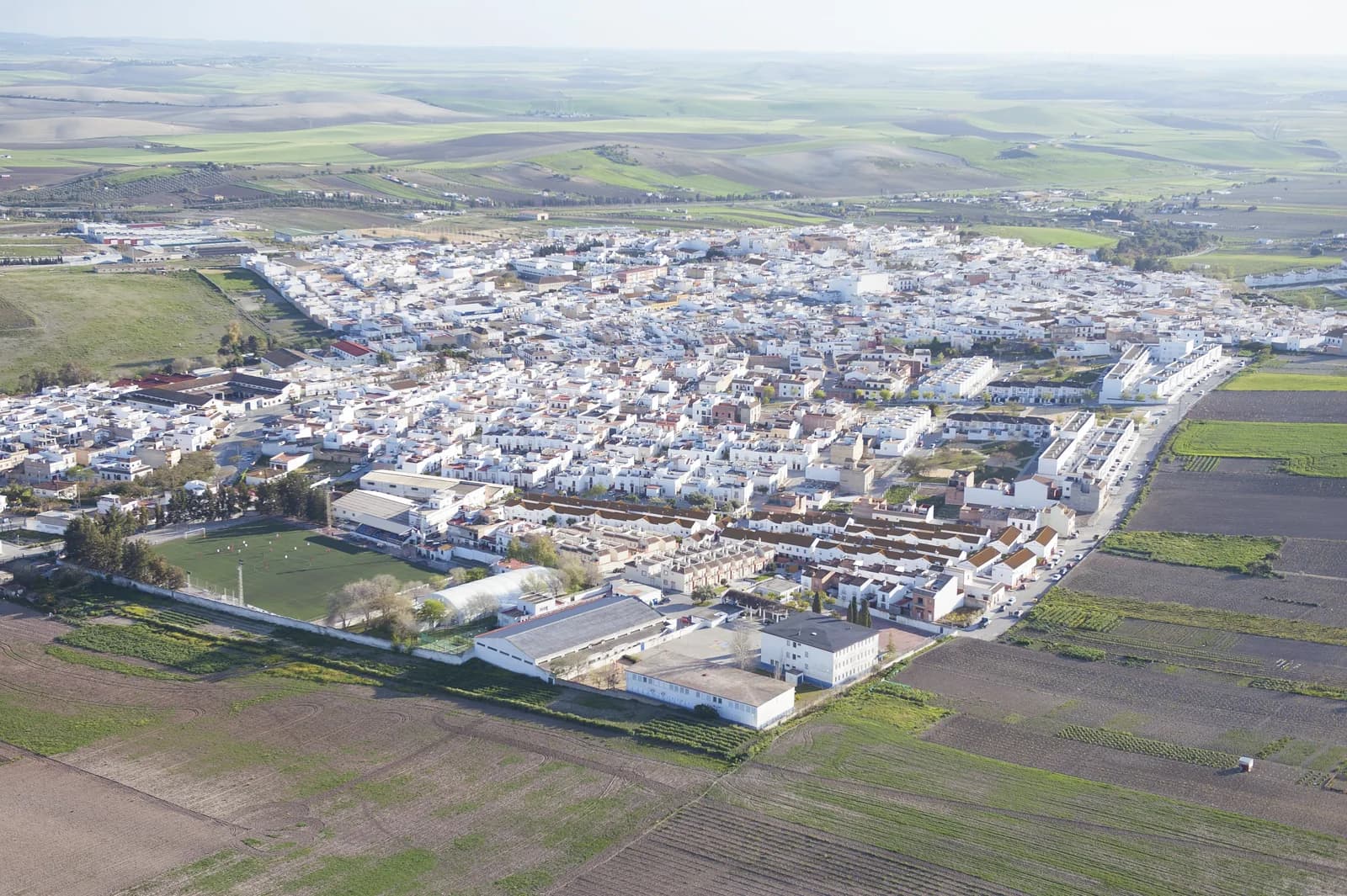 Vista aérea de Trebujena, Cádiz, con su casco urbano y los campos de su entorno.